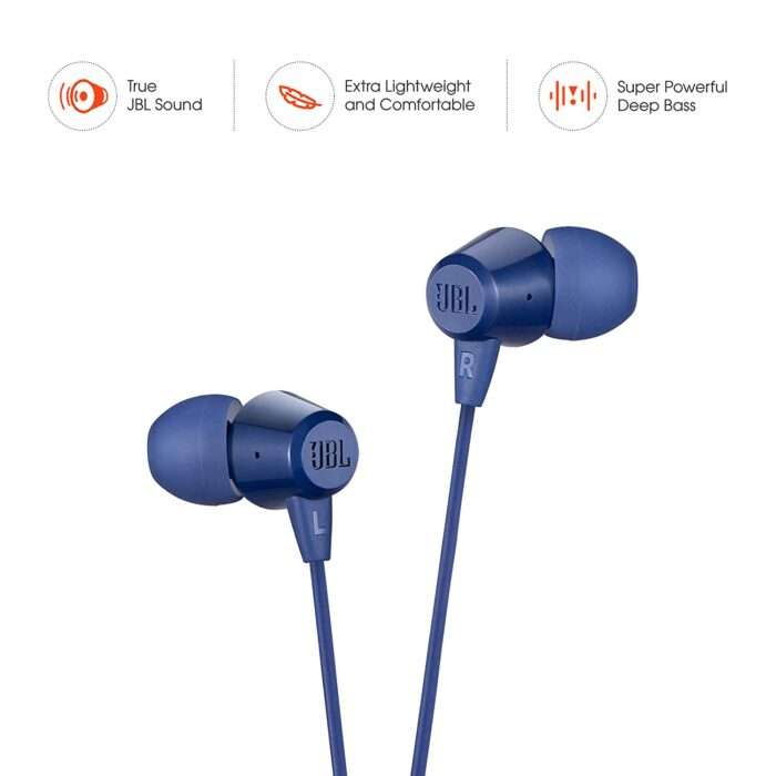 JBL C50HI, Wired in Ear Headphones with Mic, One Button Multi-Function Remote, Lightweight & Comfortable Fit - Blue - Image 2