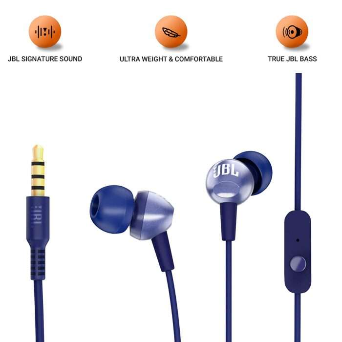 JBL C200SI, Premium in Ear Wired Earphones with Mic, Signature Sound, One Button Multi-Function Remote - Blue - Image 2