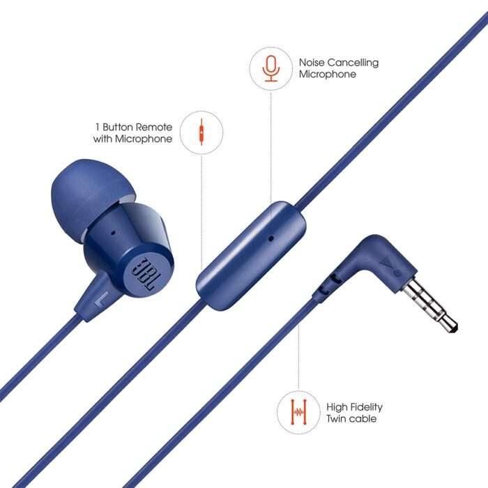 JBL C50HI, Wired in Ear Headphones with Mic, One Button Multi-Function Remote, Lightweight & Comfortable Fit - Blue - Image 3
