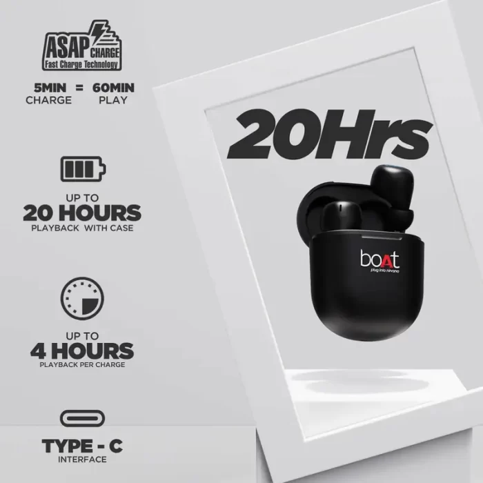 boAt Airdopes 381 Bluetooth In-Ear Wireless Earbuds with 7mm Rhythmic Dynamic Drivers, Playtime UpTo 20 Hrs - Black - Image 2