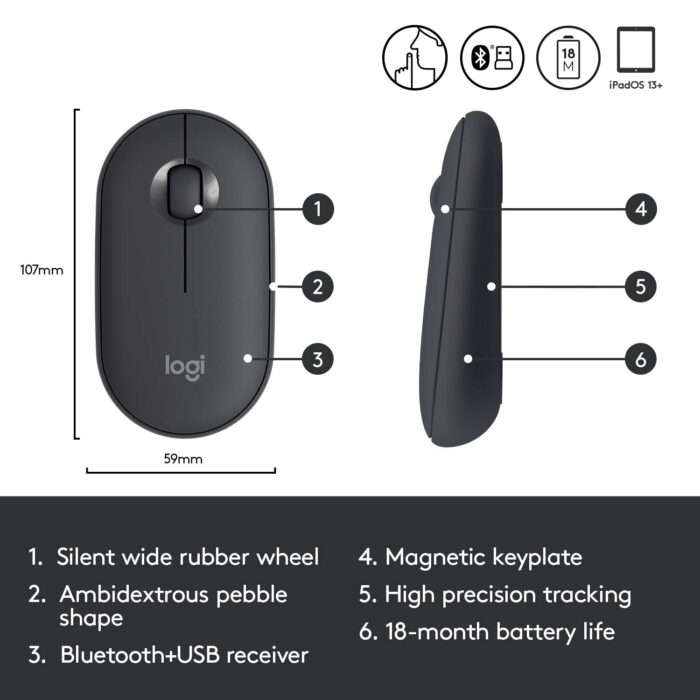 Logitech Pebble M350 Wireless Mouse with Bluetooth or USB - Silent, Slim Computer Mouse with Quiet Click for Laptop, Notebook, PC and Mac - Graphite - Image 5