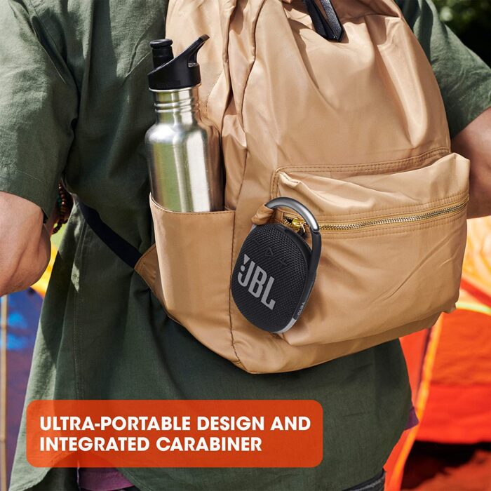 JBL Clip 4, Wireless Ultra Portable Bluetooth Speaker, JBL Pro Sound, Integrated Carabiner, Vibrant Colors with Rugged Fabric Design, Dust & Waterproof, Type C (Without Mic, Black) - Image 3