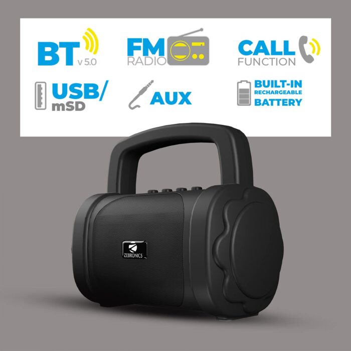 Zebronics Zeb-County 3 Portable Wireless Speaker Supporting Bluetooth v5.0, FM Radio, Call Function, Built-in Rechargeable Battery, USB/Micro SD Card Slot, 3.5mm AUX Input, TWS (Black) - Image 5