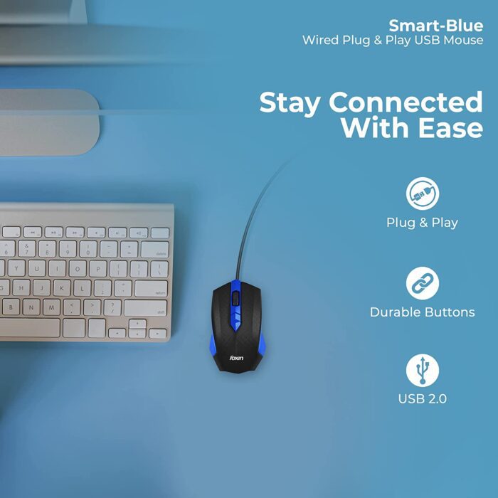 Foxin Smart-Blue Wired Plug & Play USB Mouse, High Resolution 6400 DPI Optical Sensor, Durable Button Design - Image 2