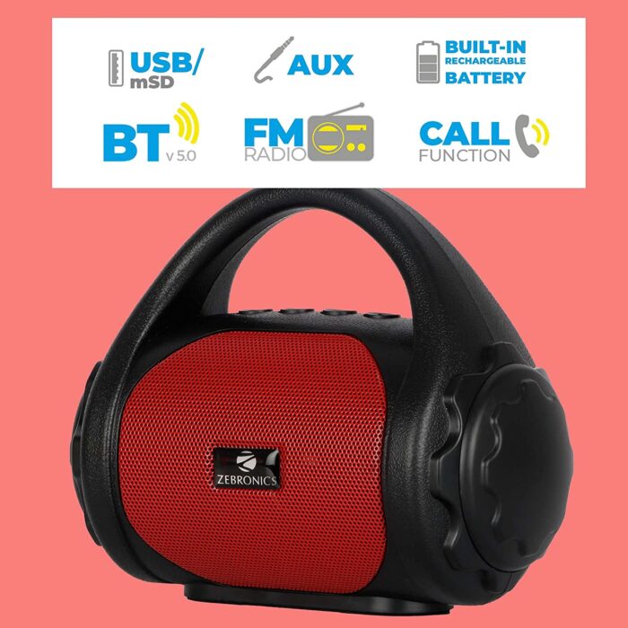 Zebronics Zeb-County Wireless Bluetooth Portable Speaker with Supporting Carry Handle, USB, SD Card, AUX, FM & Call Function. (Black+Red) - Image 4