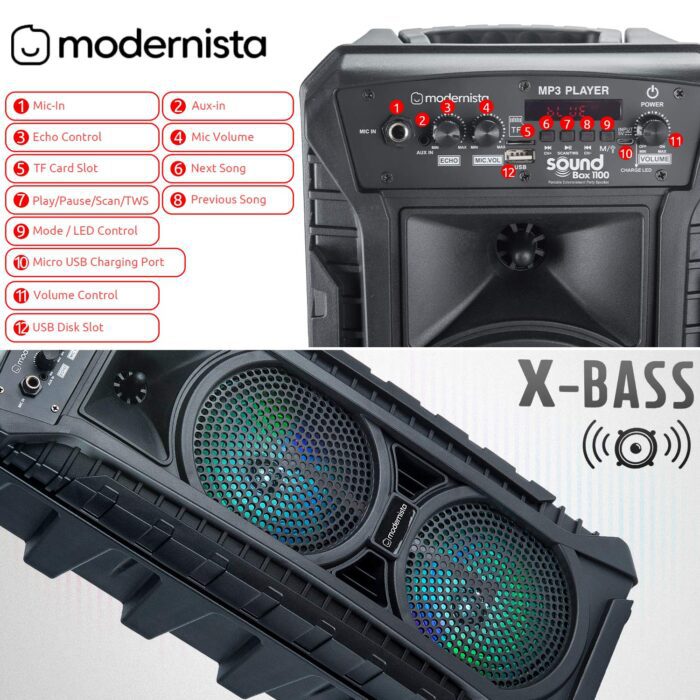 Modernista SoundBox 1100 Bass Boosted 40Watt PMPO Wireless Bluetooth Party Speaker with Wired Karaoke Mic with Bulit in Subwoofer & FM Radio/USB/TF/LED Disco Lights - Image 4