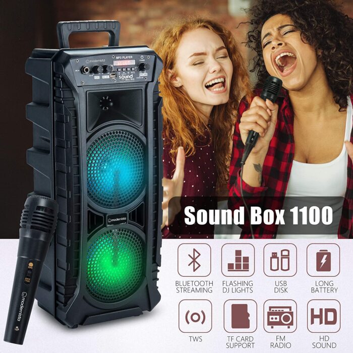 Modernista SoundBox 1100 Bass Boosted 40Watt PMPO Wireless Bluetooth Party Speaker with Wired Karaoke Mic with Bulit in Subwoofer & FM Radio/USB/TF/LED Disco Lights - Image 2