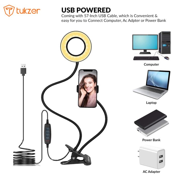 Tukzer 3.5" LED Selfie Ring Light |Flexible Arm Desk Mount Clamp for Live Stream, Makeup, Online Meetings, Recording, Photography, USB Reading Light | - Image 3