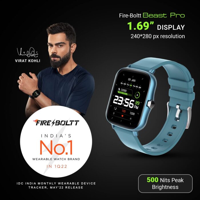 Fire-Boltt Beast Pro Bluetooth Calling 1.69” with Voice Assistance, Voice Recorder, Spo2 Monitoring, Heart Rate FHD Smartwatch – Blue - Image 2