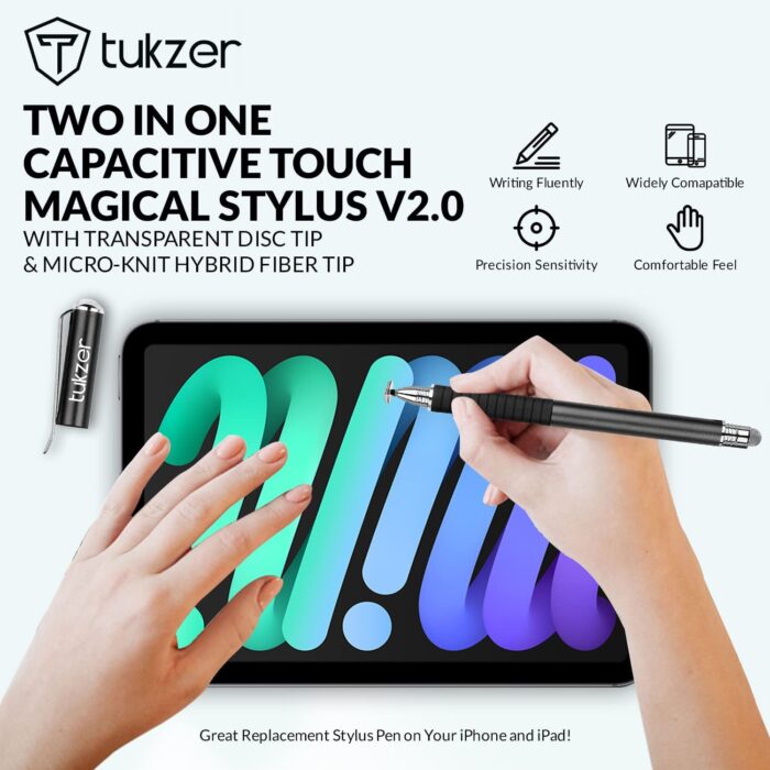 Tukzer 2-in-1 Capacitive Stylus Pen V2.0, Precise Stylus -Fine Point Disc Tip & Micro-Knit Hybrid Fiber Tip, Light Aluminum Body - Image 2