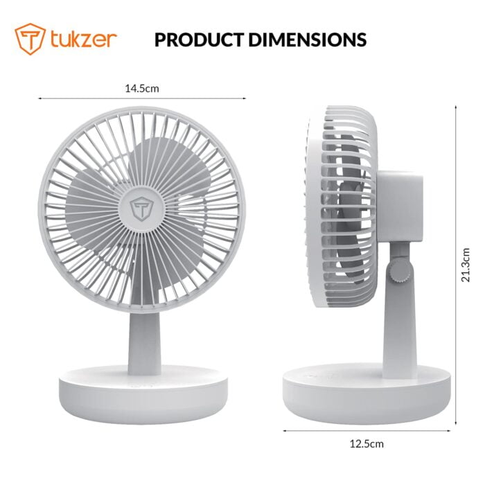 Tukzer Rechargeable USB Cooling Fan With LED Night Light, 1200mAh Battery, 3 Geared Wind Speed, Strong Air-flow, Low Noise, Portable Small 5-Inch Fan - Image 2