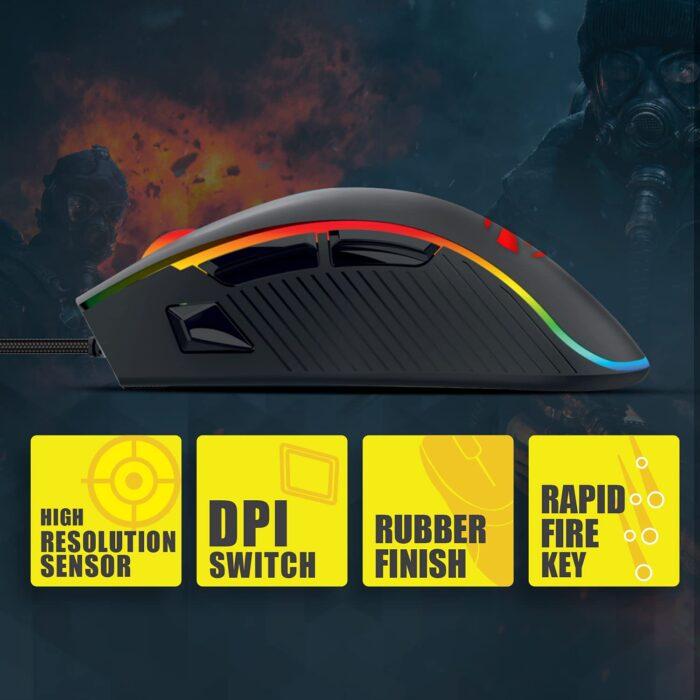 Zebronics Zeb-Tempest Plus 8-Button Wired Gaming Mouse with Rapid Fire Key, 6400 DPI Sensor, Rubber Finish, RGB Lights - Image 3