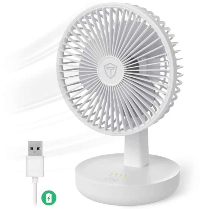 Tukzer Rechargeable USB Cooling Fan With LED Night Light, 1200mAh Battery, 3 Geared Wind Speed, Strong Air-flow, Low Noise, Portable Small 5-Inch Fan - Image 1