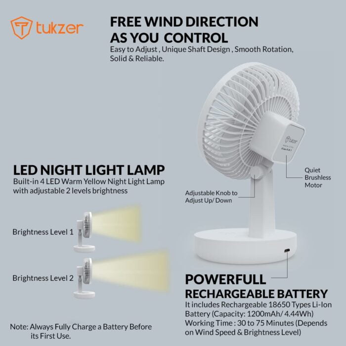 Tukzer Rechargeable USB Cooling Fan With LED Night Light, 1200mAh Battery, 3 Geared Wind Speed, Strong Air-flow, Low Noise, Portable Small 5-Inch Fan - Image 4