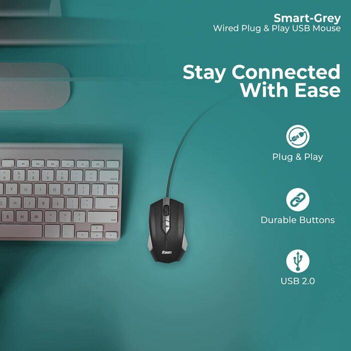 Foxin Smart-Grey Wired Plug & Play USB Mouse, High Resolution 6400 DPI Optical Sensor, Durable Button Design - Image 2