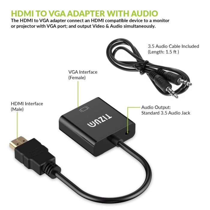 Tizum HDMI to VGA/AV Adapter Cable 1080P for Projector, Computer, Laptop, TV, Projectors & TV - Image 2