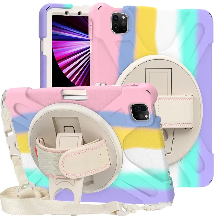 ProElite Rugged 3 Layer Armor case Cover for Apple iPad Air 5th/4th Gen 10.9" with Hand Grip, Pencil Holder and Rotating Kickstand, Rainbow - Image 1