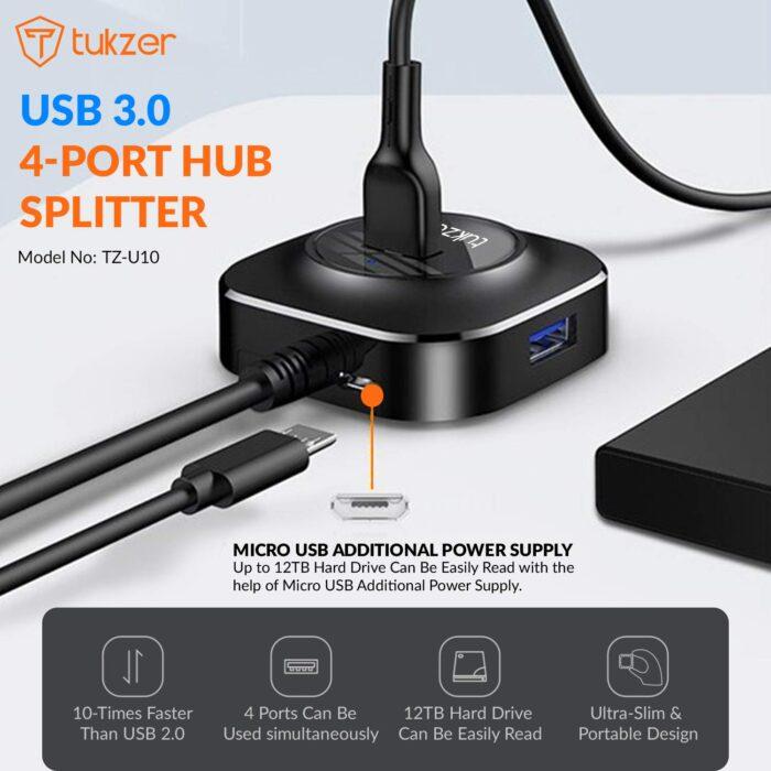 Tukzer 4-Port USB Hub 3.0 (TZ-U10) Superspeed Data Hub High Speed Black - Image 2