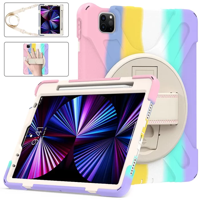 ProElite Rugged 3 Layer Armor case Cover for Apple iPad Air 5th/4th Gen 10.9" with Hand Grip, Pencil Holder and Rotating Kickstand, Rainbow - Image 3