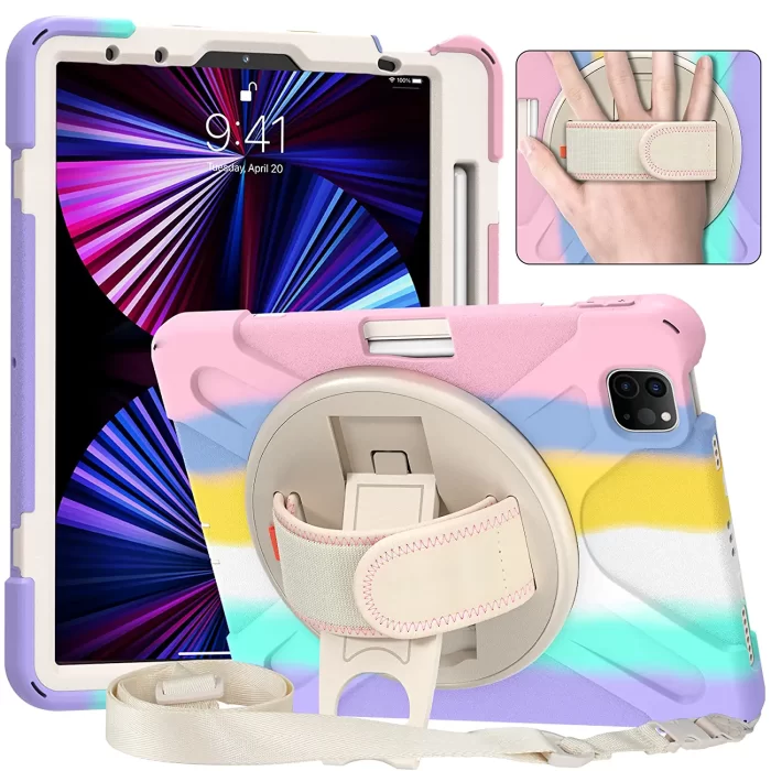 ProElite Rugged 3 Layer Armor case Cover for Apple iPad Air 5th/4th Gen 10.9" with Hand Grip, Pencil Holder and Rotating Kickstand, Rainbow - Image 5