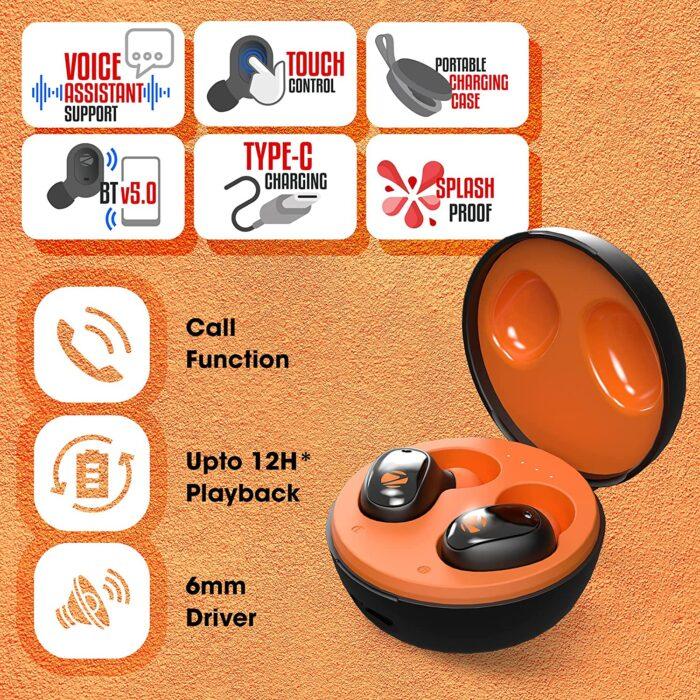 ZEBRONICS Zeb-Sound Bomb 1 Bluetooth Truly Wireless In Ear Earbuds with Mic (Orange) - Image 6