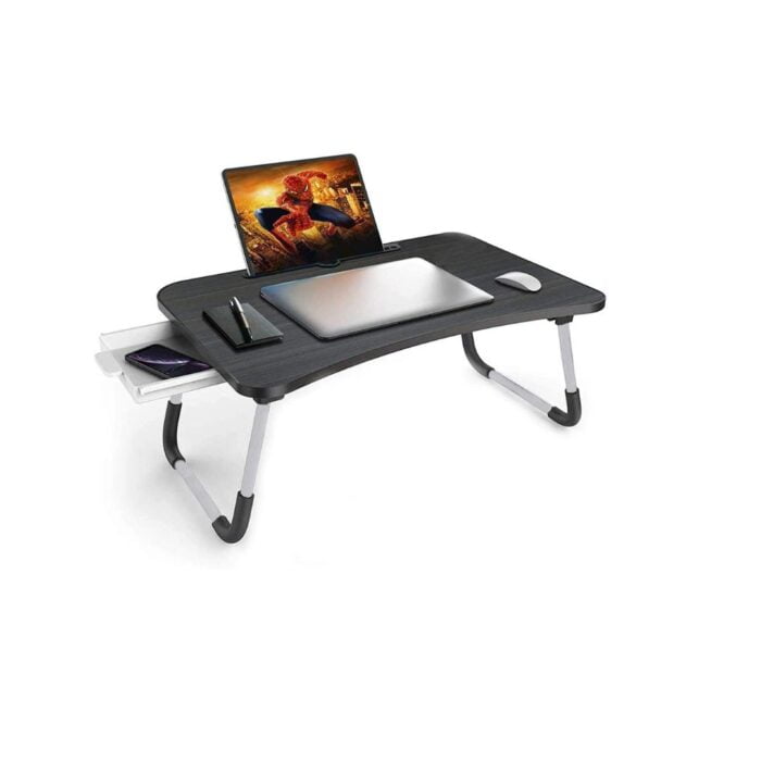 GoRogue Foldable Wooden Mini Laptop Table for Bed, Study Table with Drawer, Tablet/Mobile Holder for Kids & Adults (Black) - Image 1