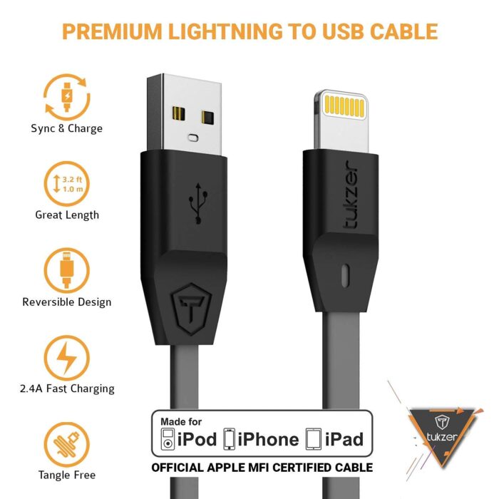 Tukzer Lightning Cable 8 Pin - Apple MFi Certified - 2.4Amp Fast Charge (Grey- 3.2 feet) (TZ-CS-103-GRY-N) - Image 2