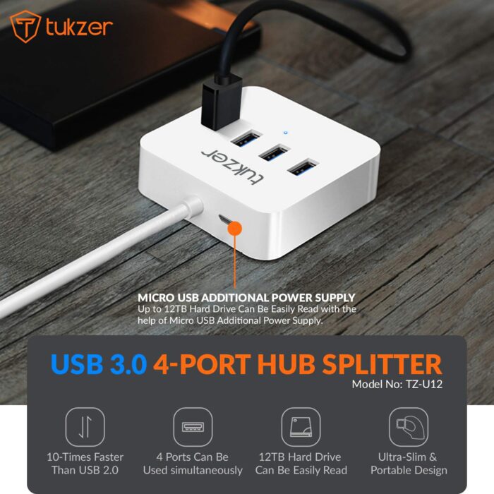 Tukzer 4-Port USB Hub 3.0 (TZ-U12) Superspeed Data Hub High Speed Compatible for All Laptops - Image 3