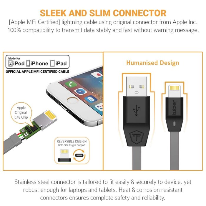 Tukzer Lightning Cable 8 Pin - Apple MFi Certified - 2.4Amp Fast Charge (Grey- 3.2 feet) (TZ-CS-103-GRY-N) - Image 3