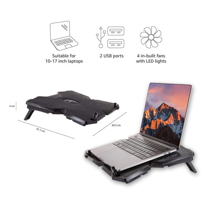 Amazon Basics Laptop Cooling Pad, USB Powered Portable Gaming Laptop Cooler Stand | Quiet 4 Fans with Red LED Light | Dual USB Ports | 2 Viewing Angle - Image 2
