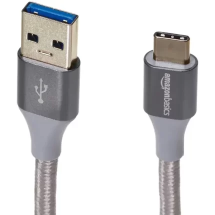 AmazonBasics Double Braided Nylon USB Type-C to Type-A 3.1 Gen 2 Cable, 3 Feet Charging Adapter (0.9 Meters) - Silver