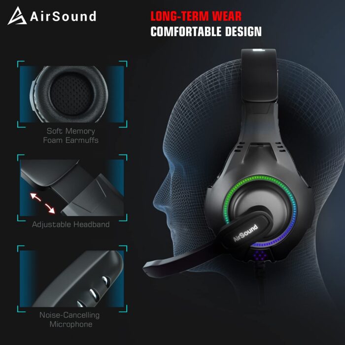 AirSound Alpha-5 Stereo Gaming Headset for Noise Cancelling Over-Ear Headphones with Mic, RBG LED, Bass Surround, Soft Memory Earmuffs for All Laptop - Image 4