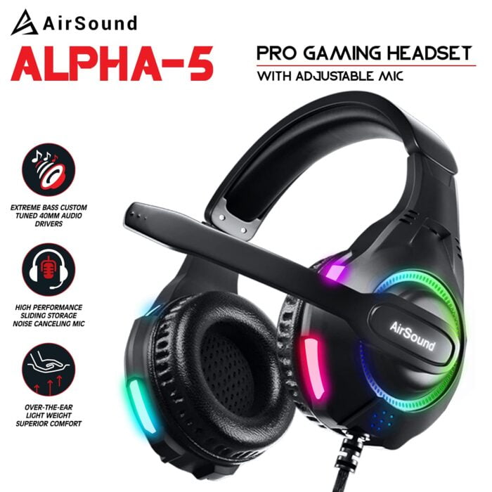 AirSound Alpha-5 Stereo Gaming Headset for Noise Cancelling Over-Ear Headphones with Mic, RBG LED, Bass Surround, Soft Memory Earmuffs for All Laptop - Image 2