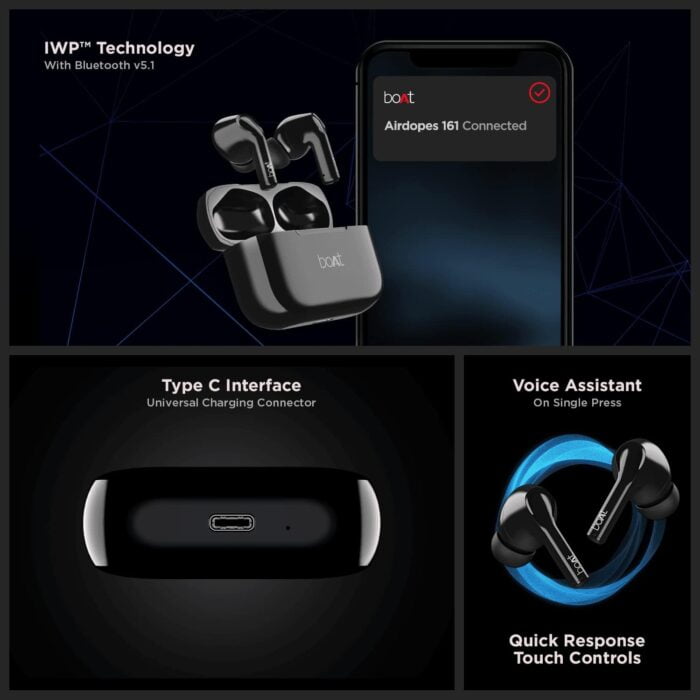 boAt Airdopes 161 TWS Earbuds with ASAP™ Charge, 17H Playtime, IWP™, Immersive Audio, IPX5, Touch Controls (Pebble Black) - Image 5