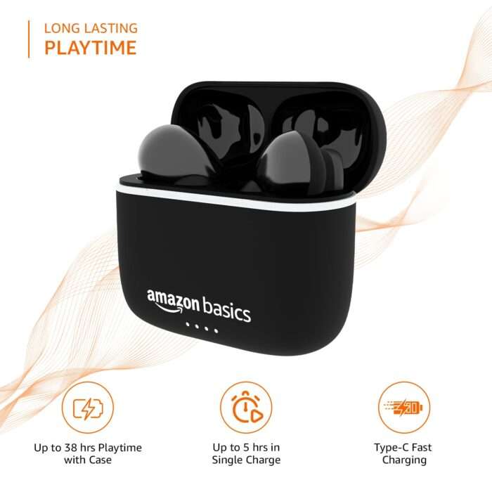 Amazon Basics Bluetooth 5.0 Earbuds, Up to 38 Hours Playtime, IPX-5 Rated, Type-C Charging Case – Black - Image 3