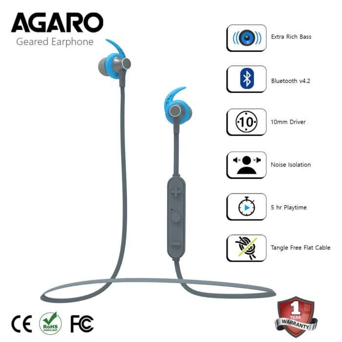 AGARO Geared Wireless Earphone with Extra Rich Bass, Bluetooth V4.2, Integrated Control, Built-in Mic & Sweat-Proof (Blue) - Image 2