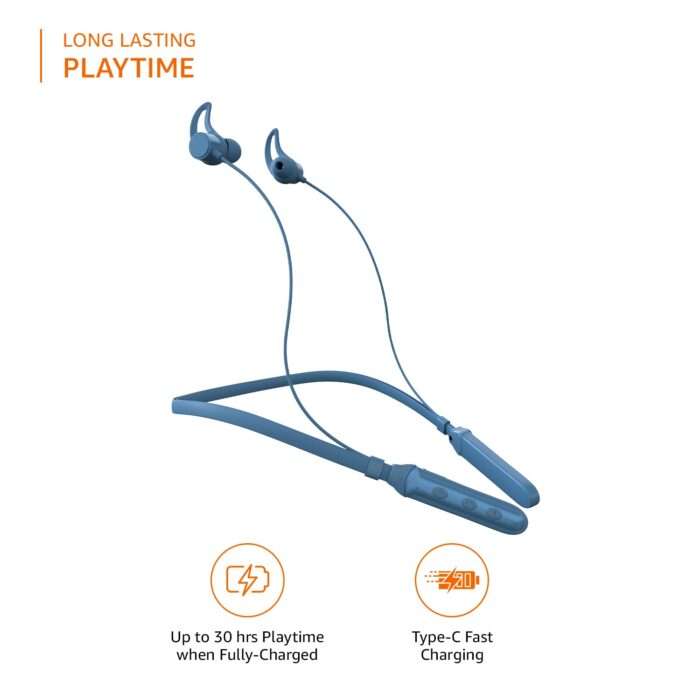 Amazon Basics in-Ear Bluetooth 5.0 Neckband with Up to 30 Hours Playtime, with Mic, Magnetic Earbuds, Voice Assistant - Blue - Image 3