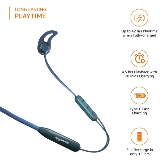 Amazon Basics Bluetooth 5.0 Neckband, IPX-6 Rated, Up to 42 Hours Playtime, Magnetic in Ear Earbuds, Voice Assistant, Dual Pairing, Blue - Image 2