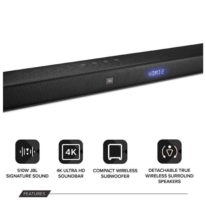 JBL Bar 5.1, Truly Wireless Home Theatre with Dolby Digital DTS, 5.1 Channel 4K Ultra HD Soundbar with 10"(25cm) Subwoofer for Extra Deep Bass, HDMI ARC, Bluetooth, AUX & Optical Connectivity (510W) - Image 2