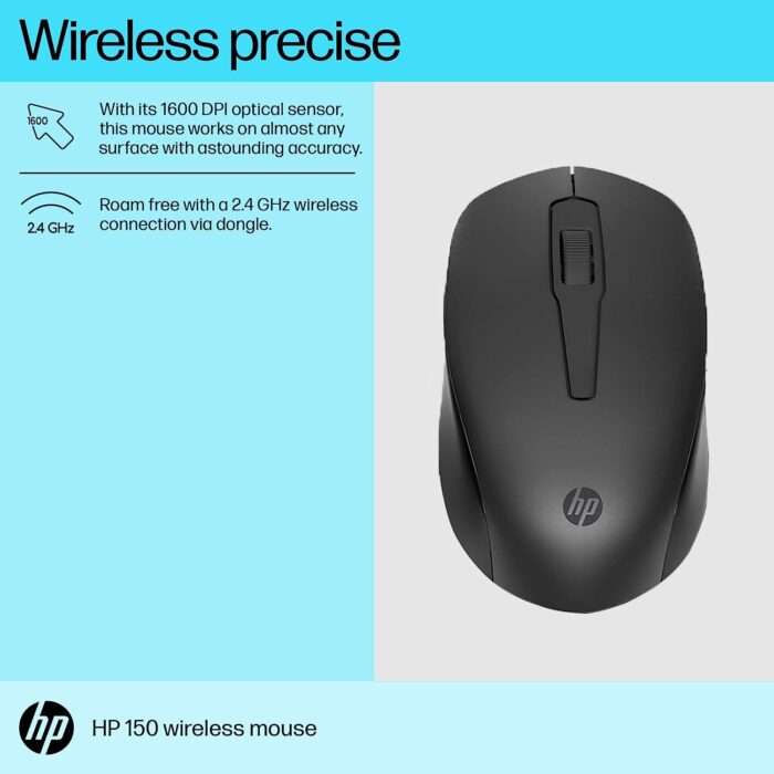 HP 150 Wireless USB Mouse with Ergonomic and ambidextrous Design, 1600 DPI Optical Tracking, 2.4 GHz Wireless connectivity - Image 2