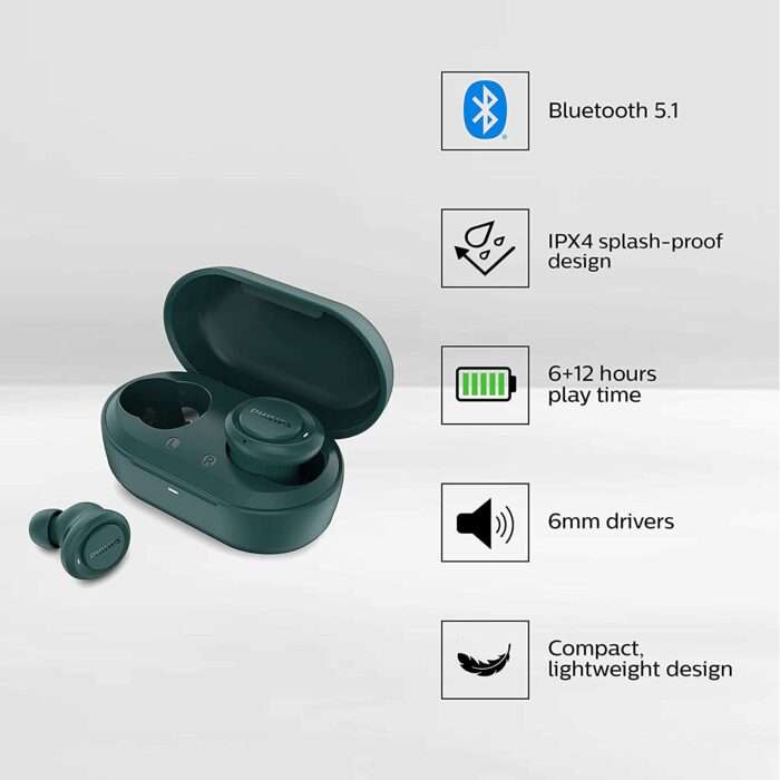 PHILIPS Audio Tat1225 Bluetooth Truly Wireless in Ear Earbuds, 18 Hours Playtime, Ipx4, Noise & Echo Cancellation - Blue - Image 2