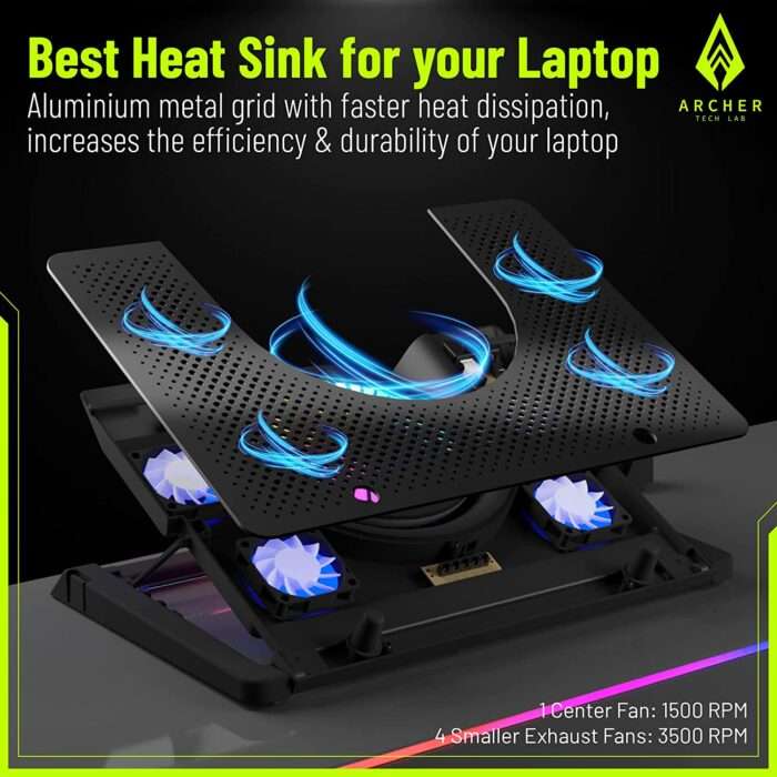 Archer Tech Lab, Squall 100 RGB Gaming Laptop Cooling Pad with Aluminium Metal Grid, 5 Turbo Fans - Image 5