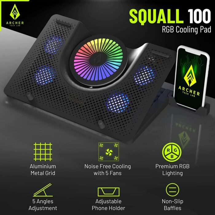 Archer Tech Lab, Squall 100 RGB Gaming Laptop Cooling Pad with Aluminium Metal Grid, 5 Turbo Fans - Image 3