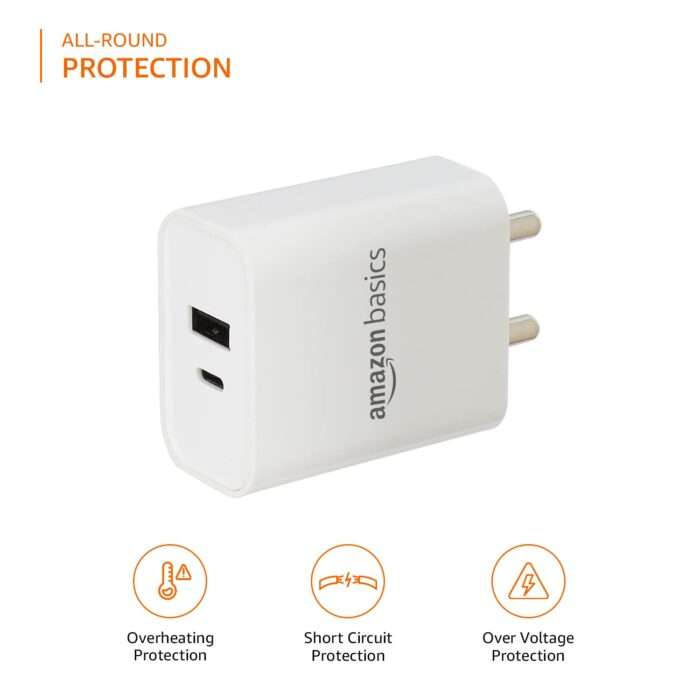 AmazonBasics 24W Phone Charger for Type C Adapter with Fast Charging Without Cable Easy to Carry Dual Output (White) - Image 5