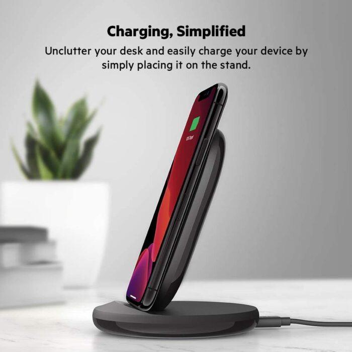 Belkin 15W Wireless Charging Stand Compatible for iPhone, 14/14 Plus, 14 Pro, Pro max, iPhone 13 & 12 Series, Samsung Galaxy, Google Pixel and Others Qi Enabled Devices (Adapter Not Included)-Black - Image 4