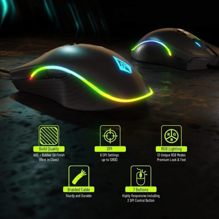 Archer Tech Lab Recurve 200 Rubber Oil Finish Wired Gaming Mouse djustable 12800 DPI and 7 Buttons, 13 Color Breathing RGB - Image 2