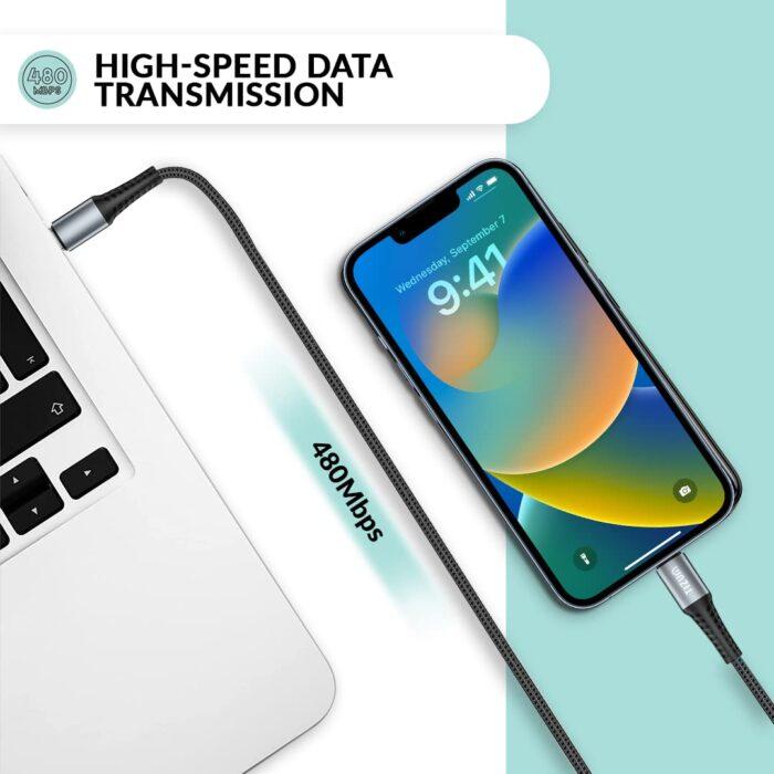 Tizum USB Type C to Lightning Cable with 20W Fast Charging & 480 Mbps Data Transmission Speed 3.9 Feet (1.2M) | Black - Image 2