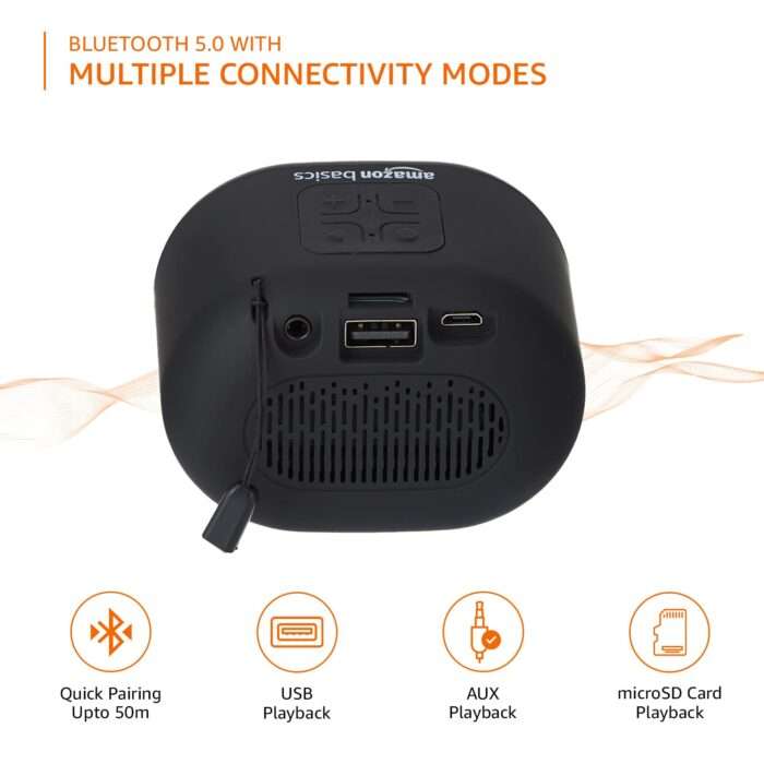 Amazon Basics Bluetooth 5.0 Speaker, Powerful Bass, 5W Sound, Upto 19hrs Playtime, Noise Cancelling Mic - Black - Image 3