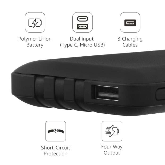Amazon Basics 10000mAH Lithium Polymer Power Bank | 3 Charging Cables Included |  Type C, iPhone Cables and 1 USB Port - Image 2