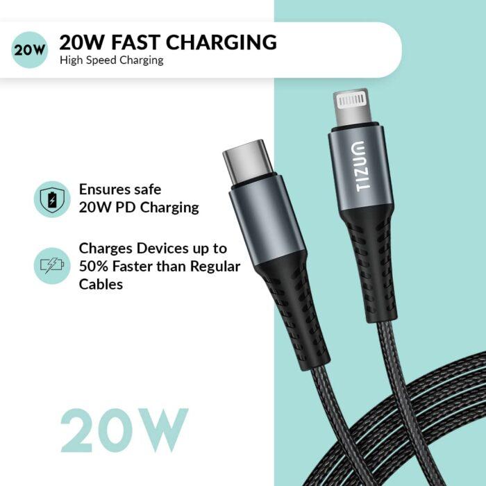 Tizum USB Type C to Lightning Cable with 20W Fast Charging & 480 Mbps Data Transmission Speed 3.9 Feet (1.2M) | Black - Image 5